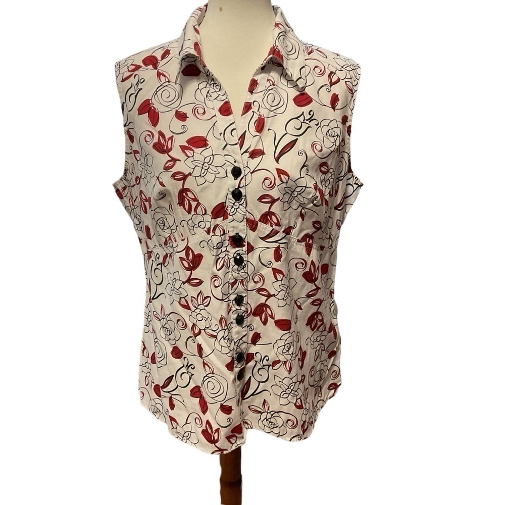 Dressbarn Woman Red Black White Floral Collared Sleeveless Button Down Top
